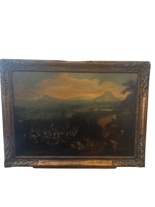 Large Italian School Capriccio Painting with Figures Amidst Classical Ruins