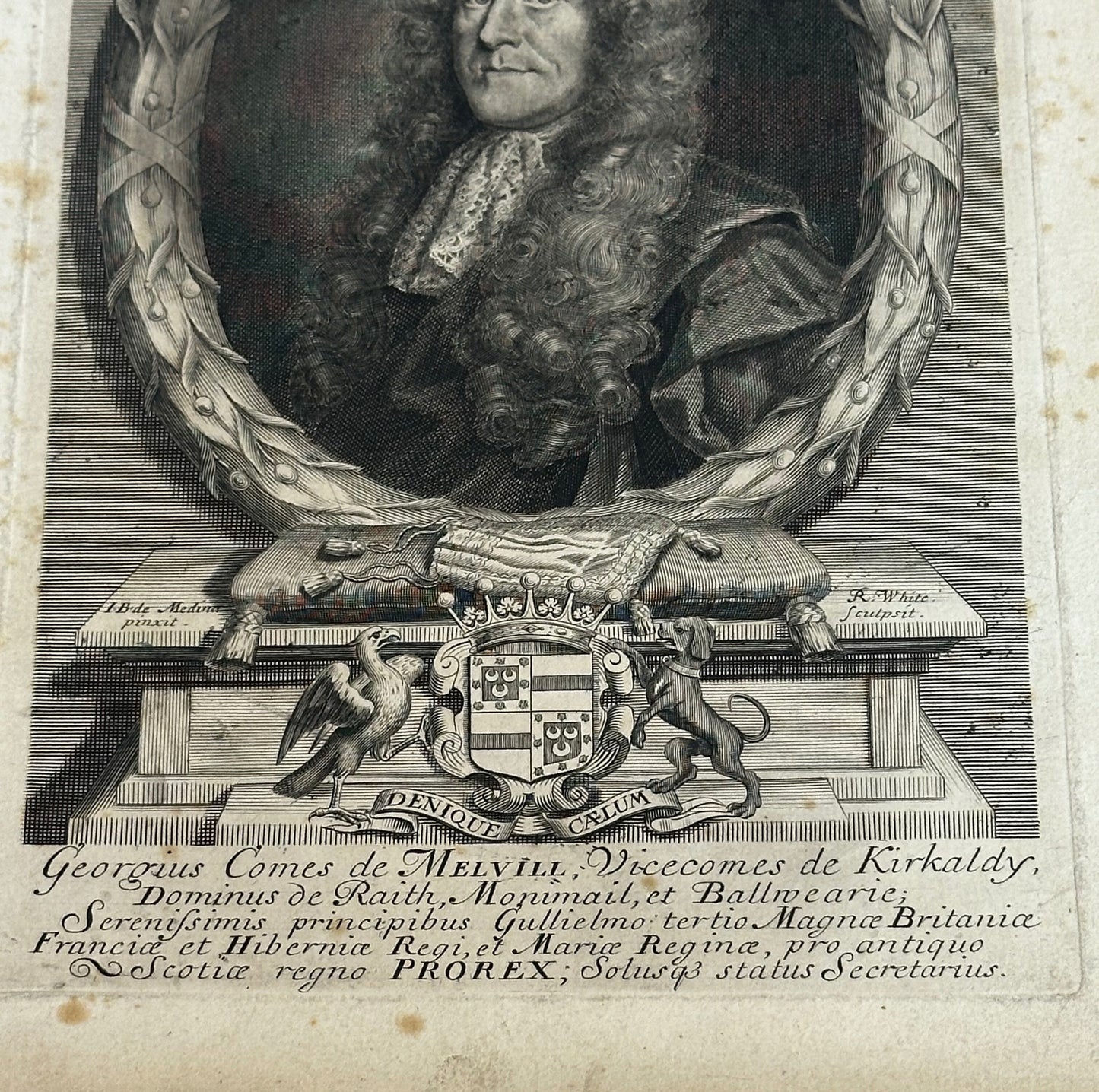 Antique Baroque Engraved Portrait of George Melville, Earl of Melville