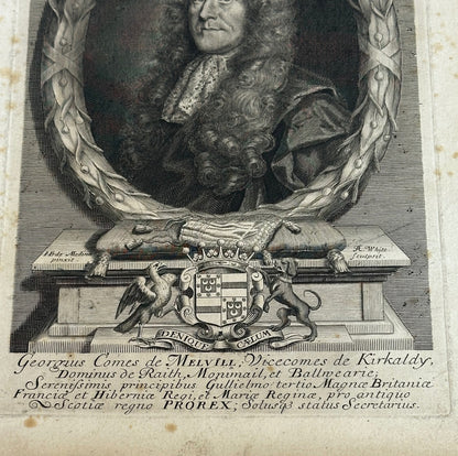 Antique Baroque Engraved Portrait of George Melville, Earl of Melville