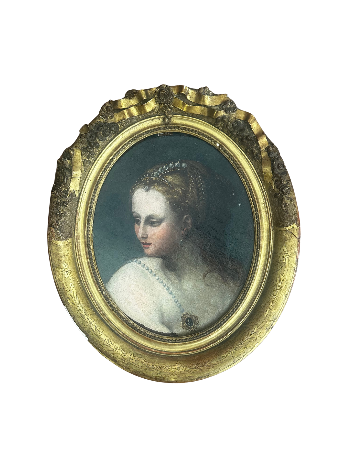 Renaissance Revival Portrait of a Lady in Oval Giltwood Frame