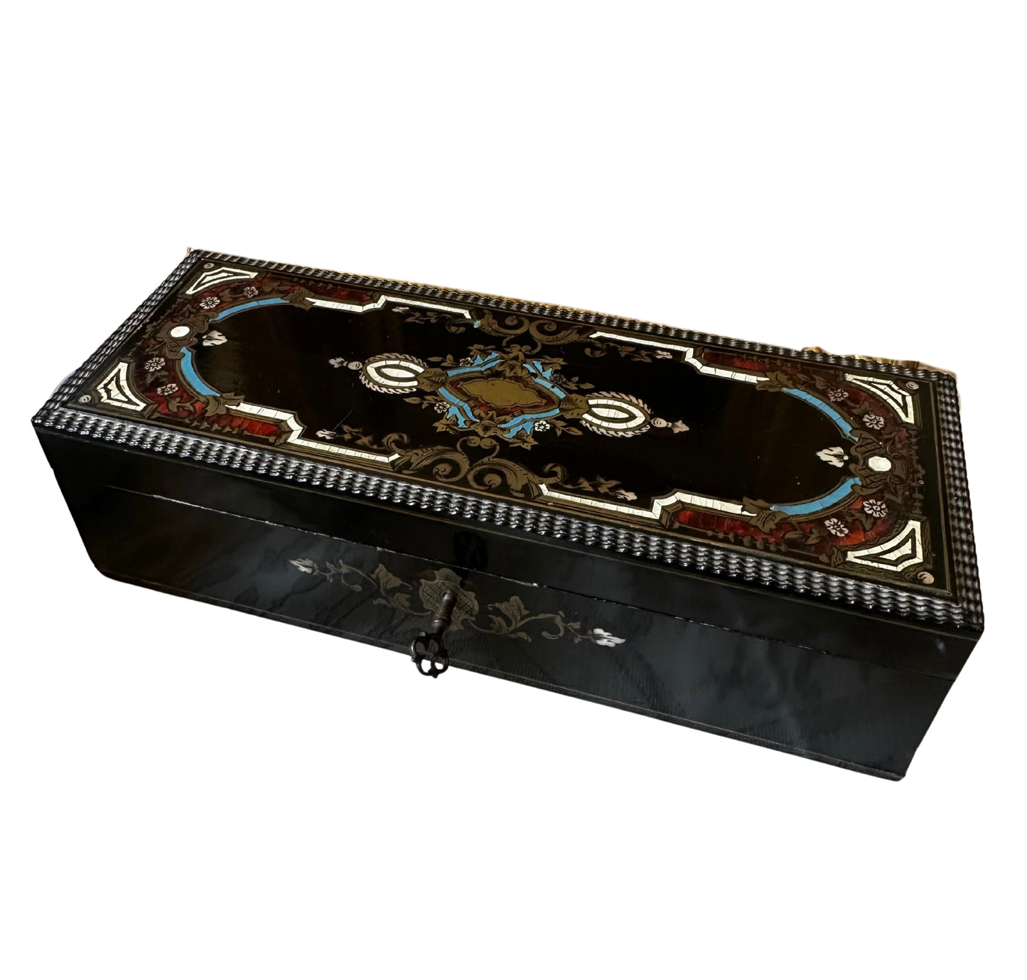 Mid-19th C French Boulle Style Fall-Front Glove Box with Tortoiseshell & Blue and White Inlay