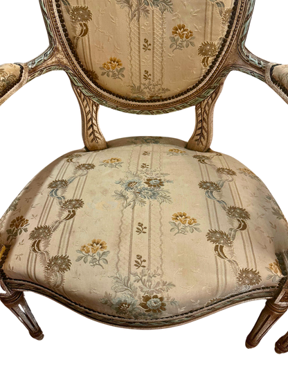 Early 20th C French Louis XVI Style Polychrome and Carved Fauteuils