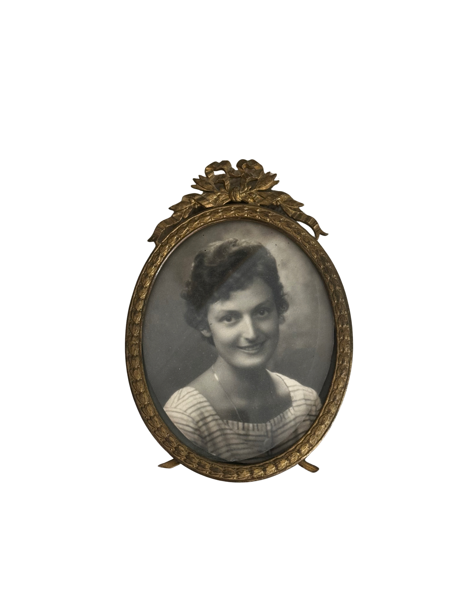 Antique Brass Oval Frame with Bow and Woman Photograph