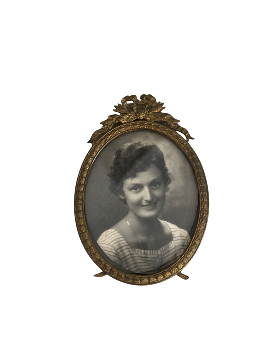 Antique Brass Oval Frame with Bow and Woman Photograph
