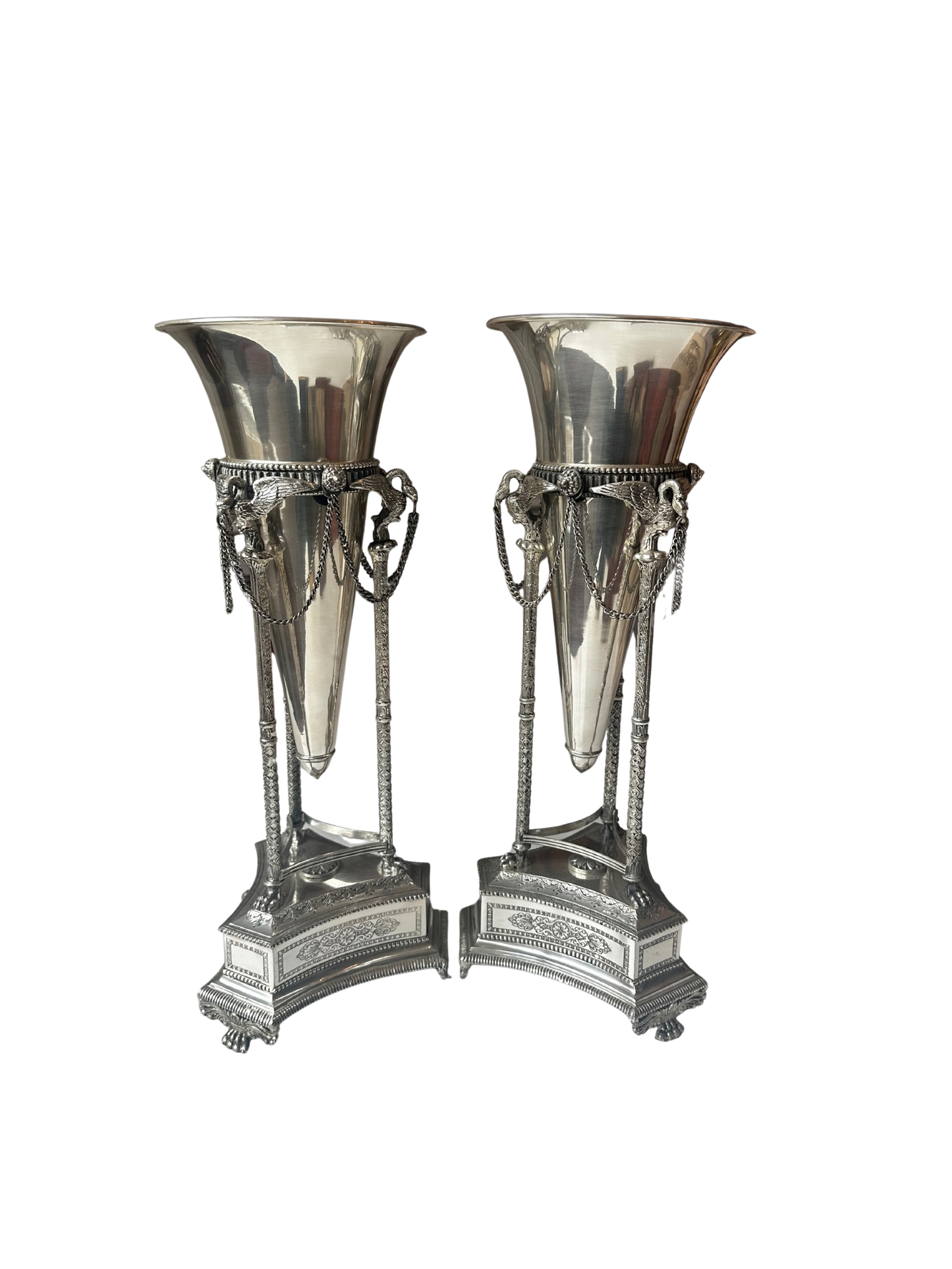Pair of Neoclassical Silverplate Trumpet Vases with Swan/Crane Motifs