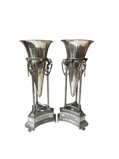 Pair of Neoclassical Silverplate Trumpet Vases with Swan/Crane Motifs
