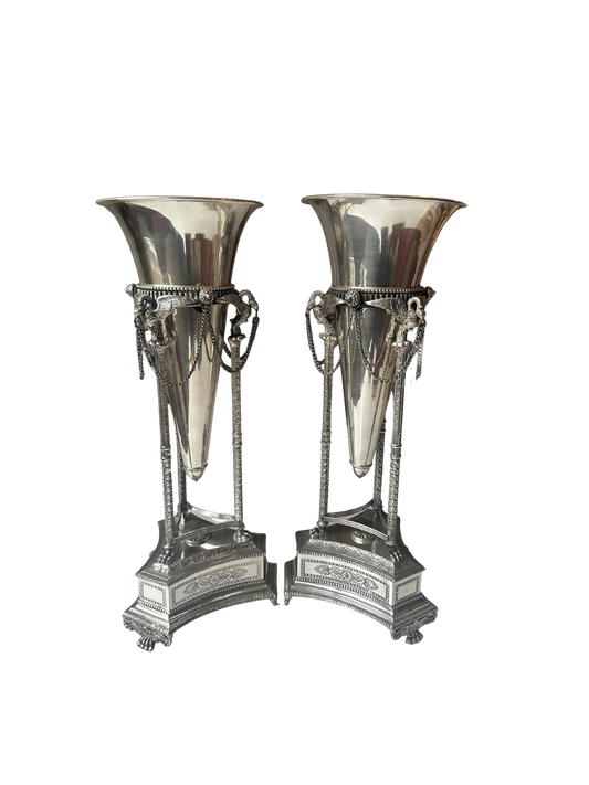 Pair of Neoclassical Silverplate Trumpet Vases with Swan/Crane Motifs