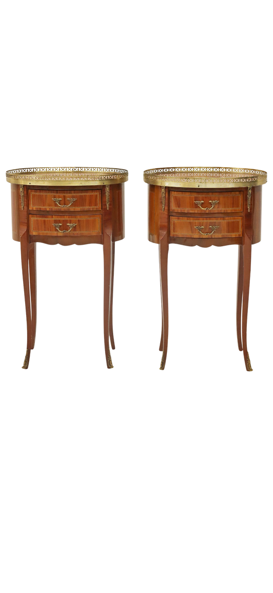 Pair of French Louis XVI-Style Marquetry Bedside Tables with Brass Gallery