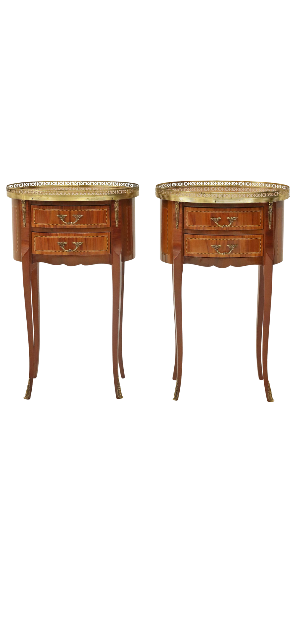 Pair of French Louis XVI-Style Marquetry Bedside Tables with Brass Gallery