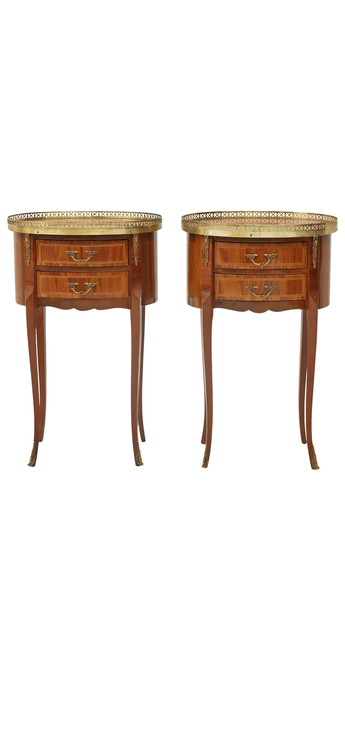 Pair of French Louis XVI-Style Marquetry Bedside Tables with Brass Gallery