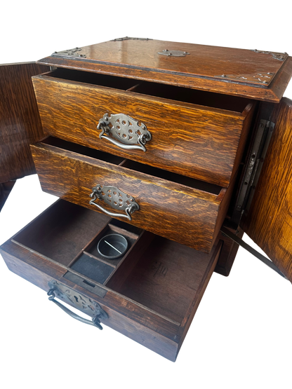 Antique English Oak Writing Compendium Box with Drawers and Presentation Plaque (1913)