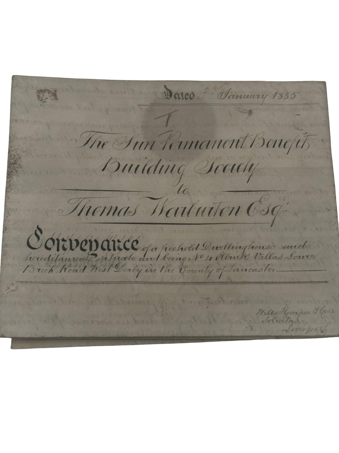 Victorian Indenture Deed — The Sun Permanent Benefit Building Society, Liverpool (1885)