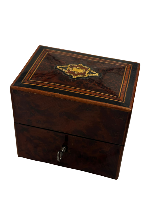19th C Burl Wood and Napoleon III Marquetry Inlay Perfume Box with Key