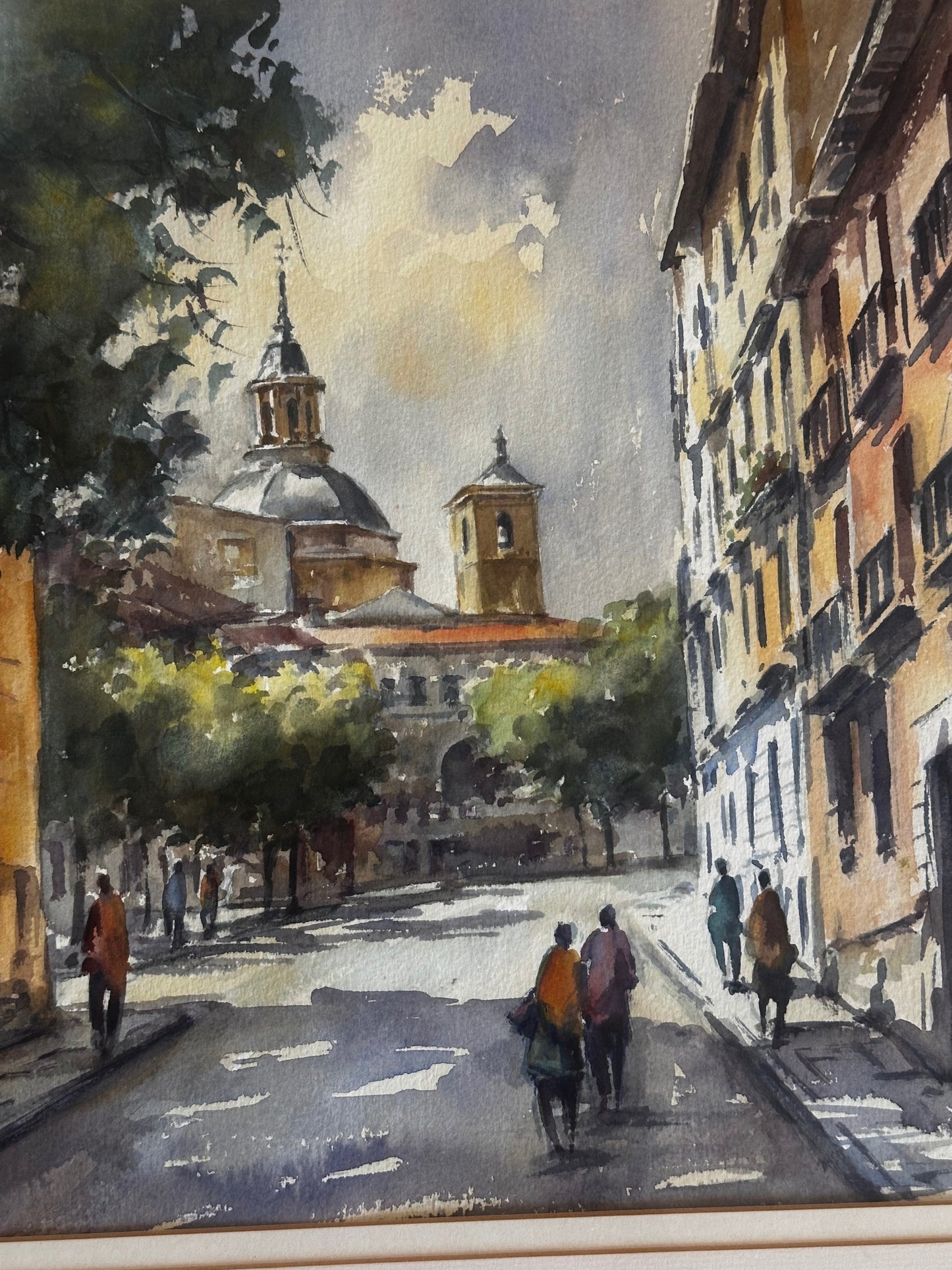 Signed European Street Scene Watercolor with Church Dome and Figures
