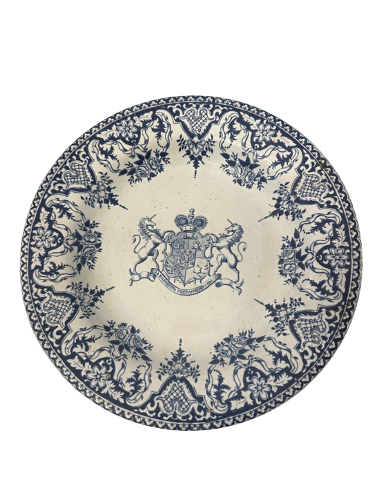 19th Century Gien Faience Blue and White Russian Noble House Commissioned Plate with Unicorn Supporters