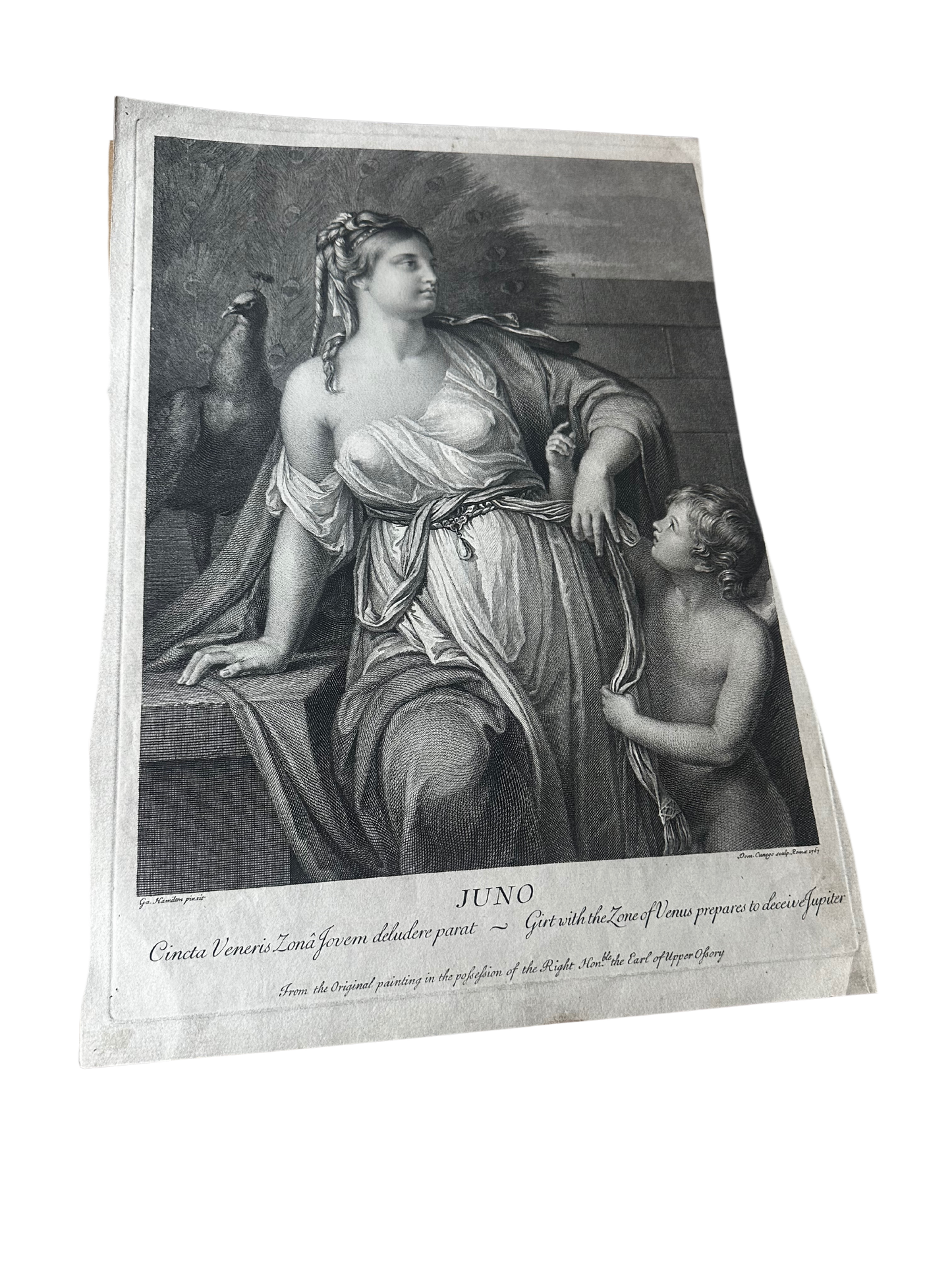 Goddess Juno Engraving with Peacock and Child (1767) - Domenic Cunego