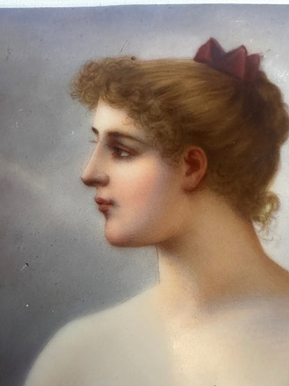 Hand-Painted KPM-Style Porcelain Portrait Plaque of a Woman with Daisies, after Jules Frederic Ballavoine