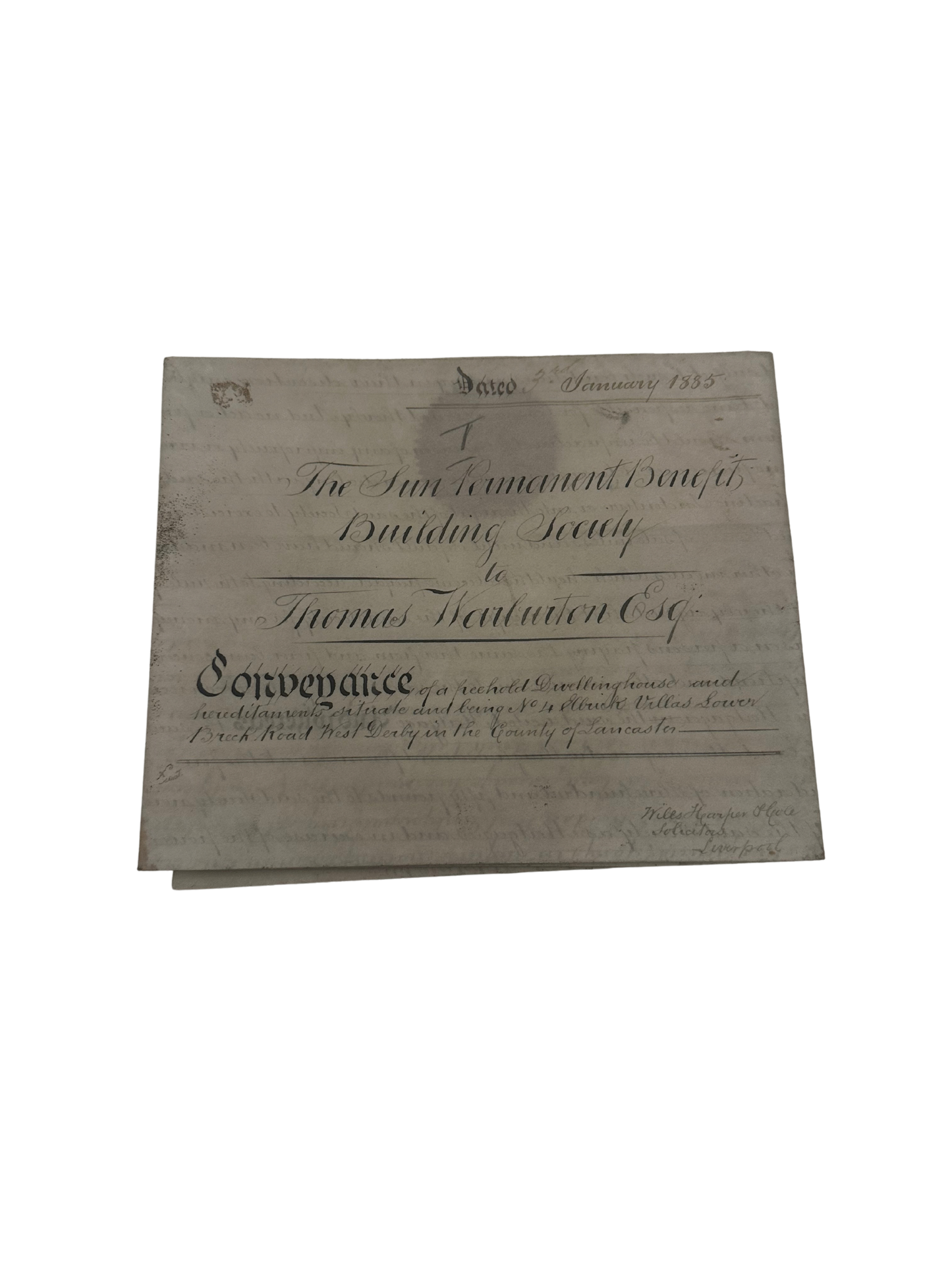 Victorian Indenture Deed — The Sun Permanent Benefit Building Society, Liverpool (1885)