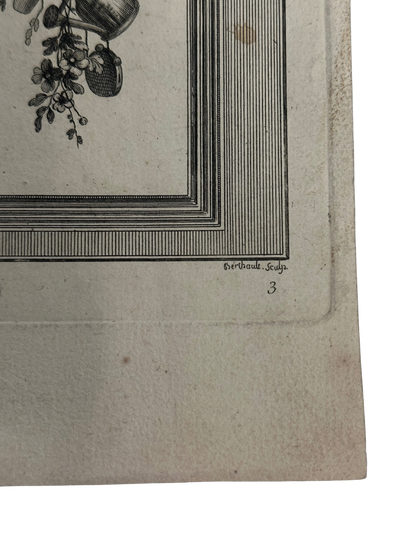 18th-Century French Ornamental Engraving Plate with Floral and Garden Trophy Panels