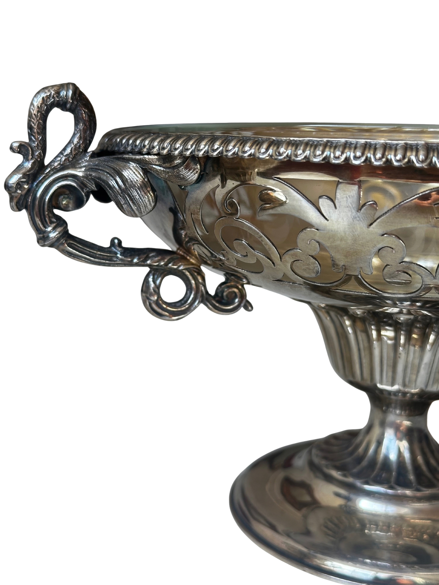 Pair of French Silverplate Pedestal Compotes with Arcoroc Glass Insert and Swan Handles