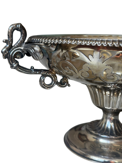 Pair of French Silverplate Pedestal Compotes with Arcoroc Glass Insert and Swan Handles
