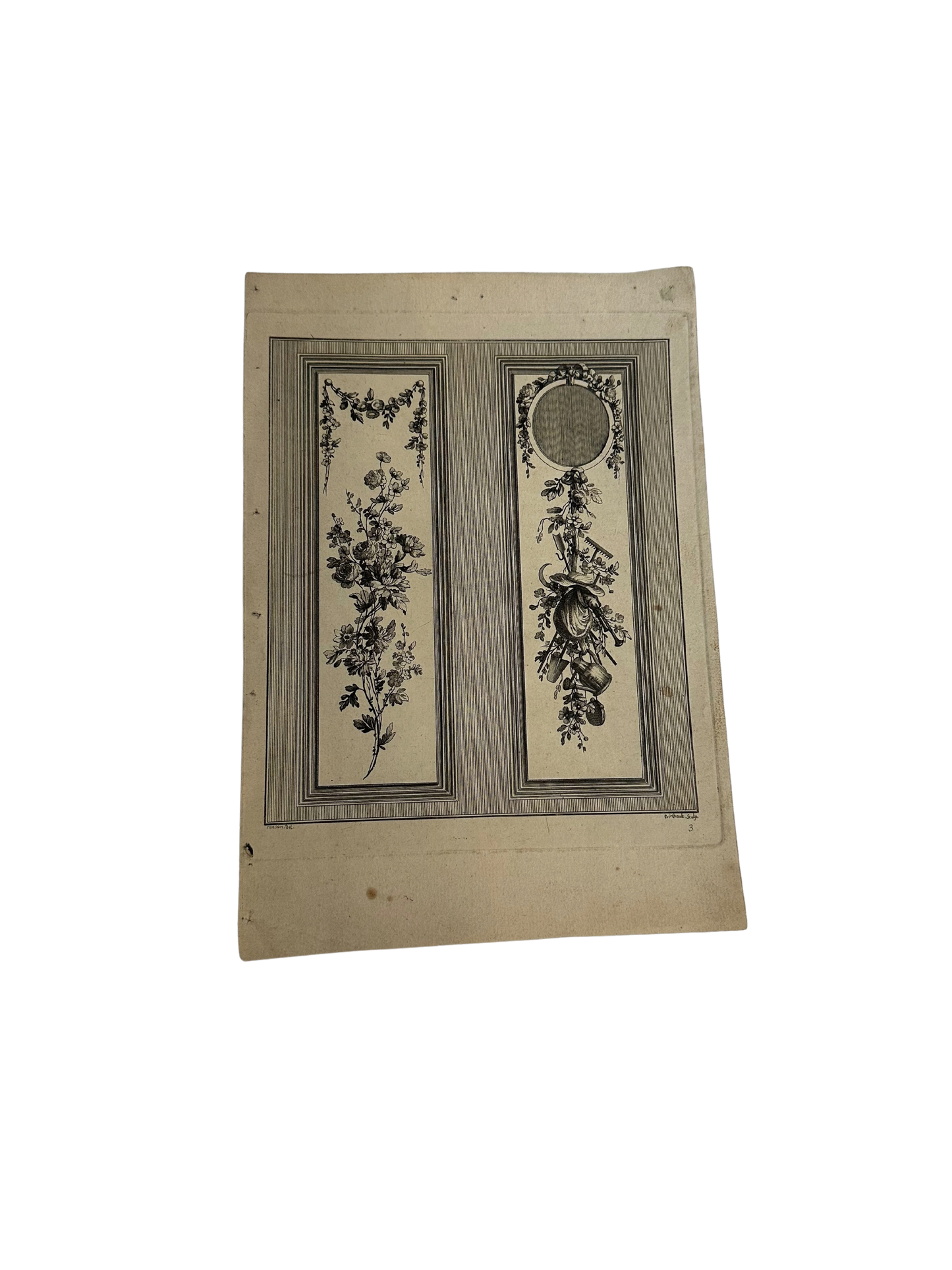 18th-Century French Ornamental Engraving Plate with Floral and Garden Trophy Panels