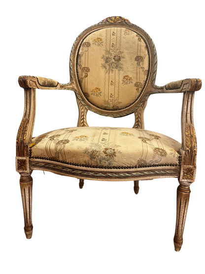 Early 20th C French Louis XVI Style Polychrome and Carved Fauteuils