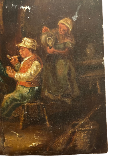 19th C Continental Oil on Wooden Panel of Two Men in a Tavern