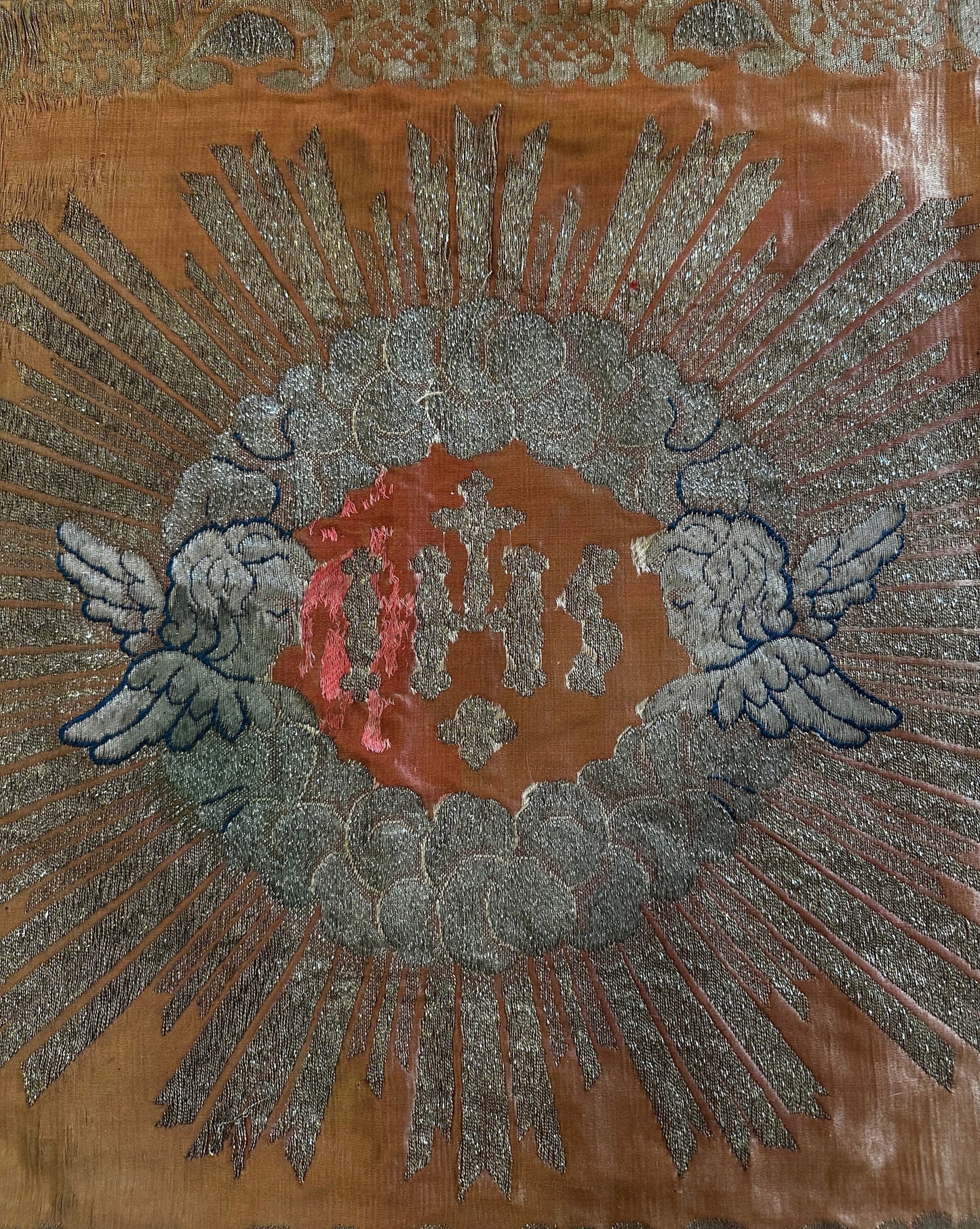 Antique Ecclesiastical Silk Brocade Altar Runner with Monstrance, Angels and IHS Christogram