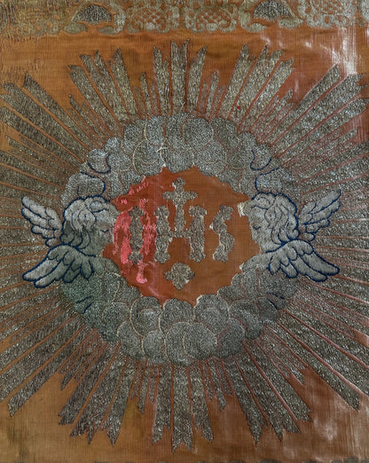 Antique Ecclesiastical Silk Brocade Altar Runner with Monstrance, Angels and IHS Christogram