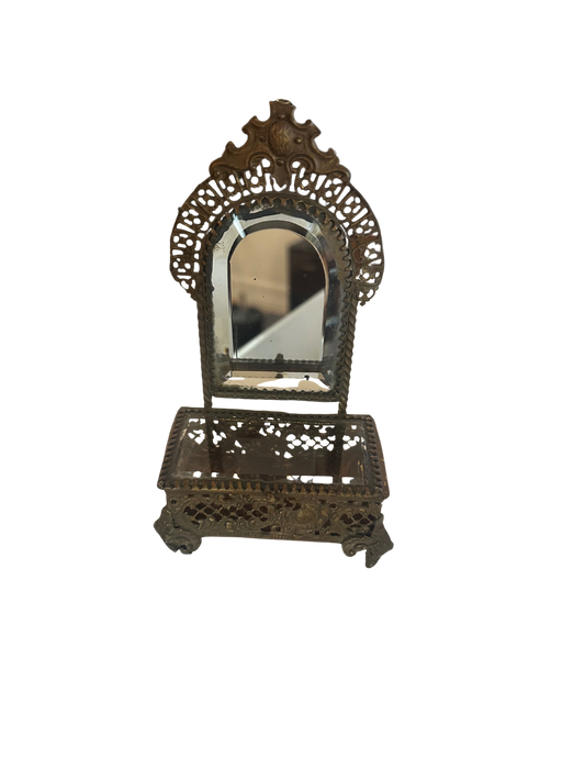 Late 19th C French Ormolu and Beveled Glass Jewelry Casket with Mirror