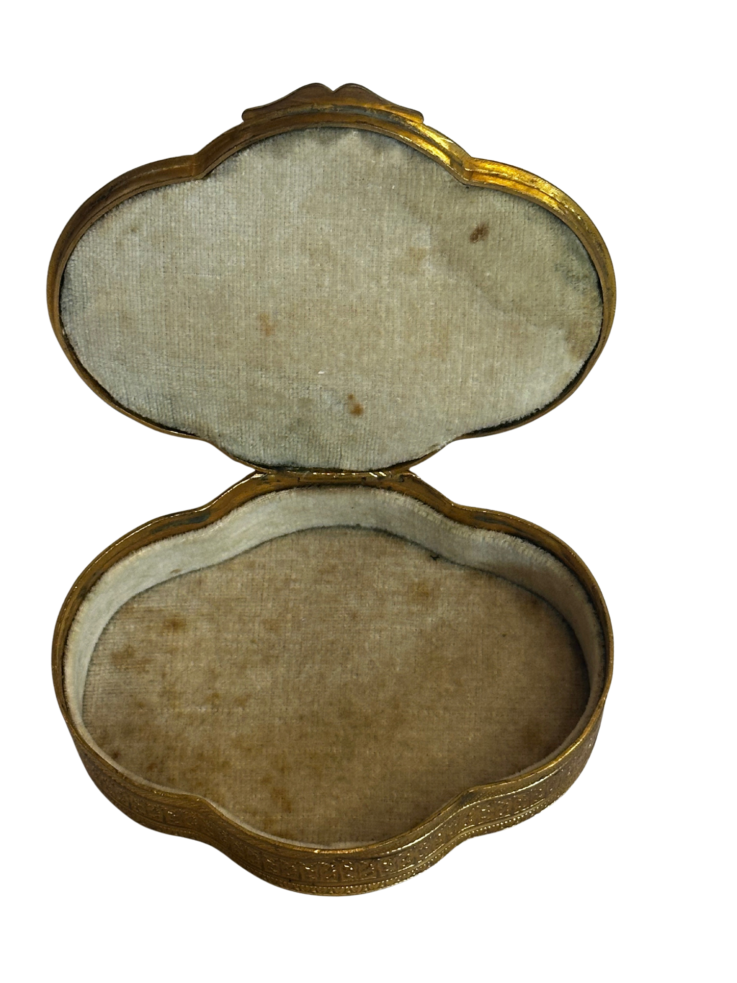 Antique Gilt Metal Clover Shaped Vanity Box with Portrait of a Young Woman