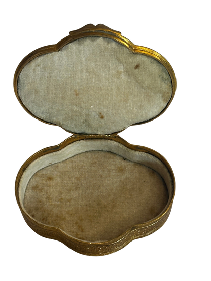 Antique Gilt Metal Clover Shaped Vanity Box with Portrait of a Young Woman