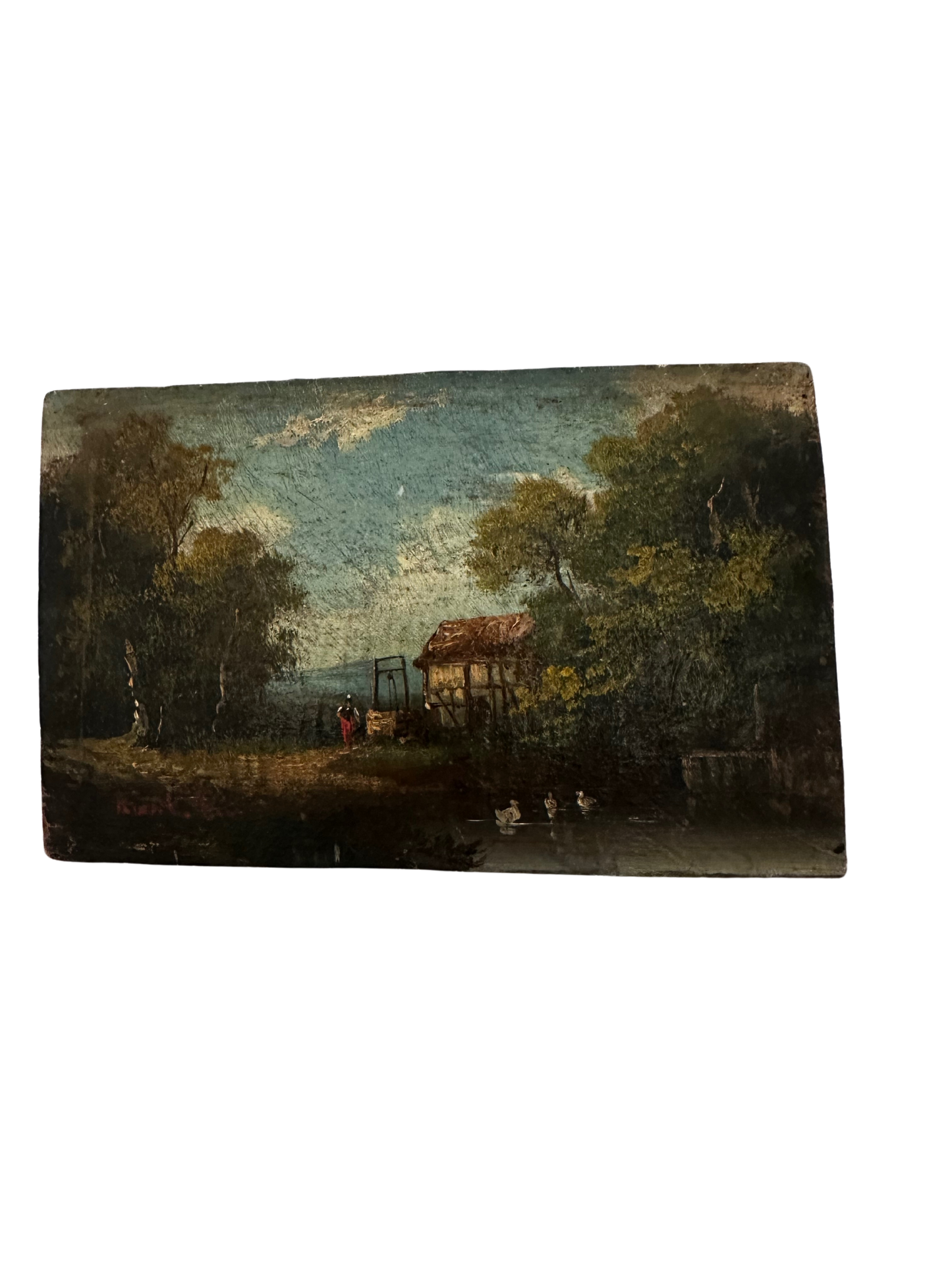 19th C Small Oil Painting on Panel of a Cottage (Signed)