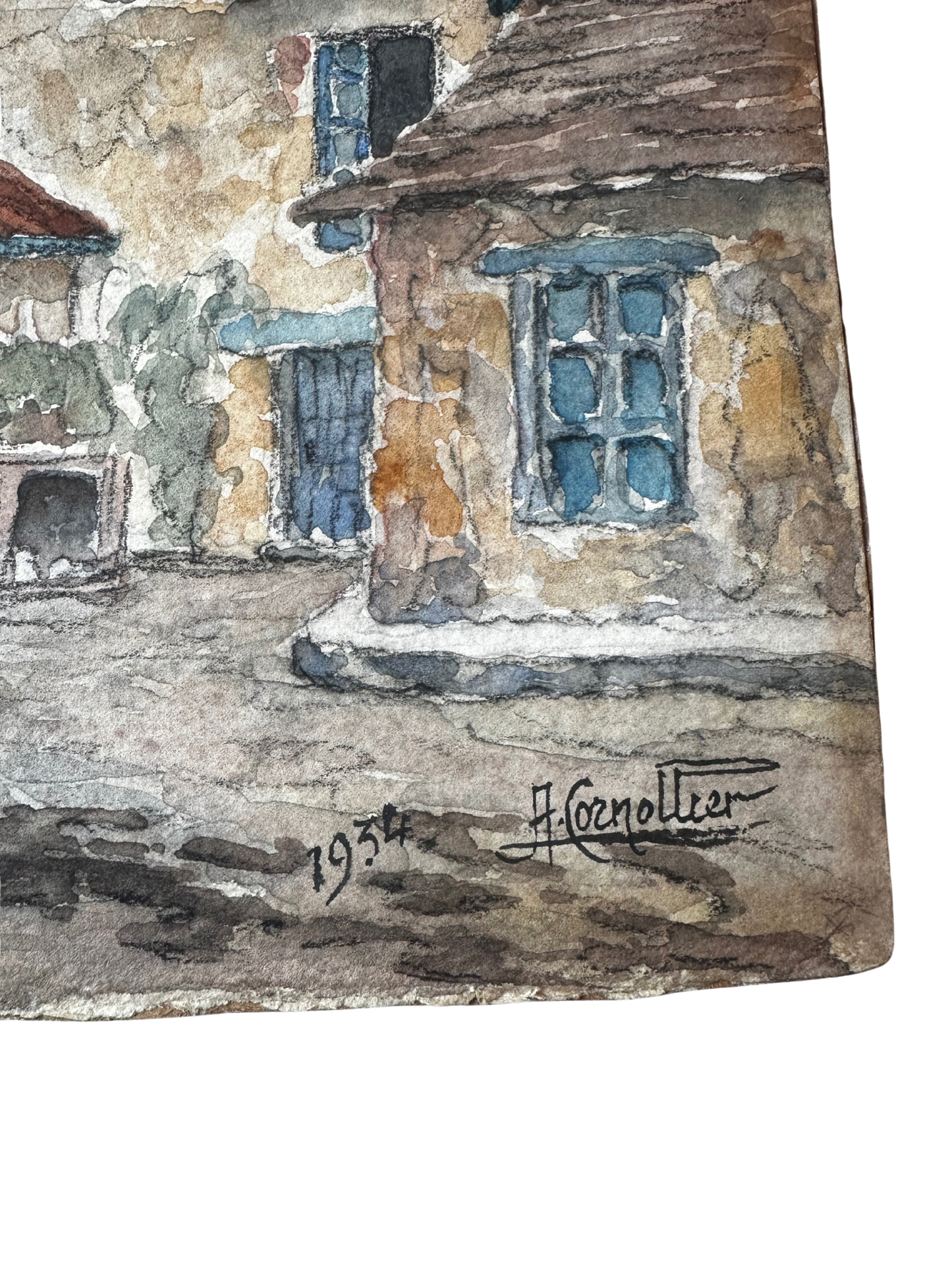 French Village Watercolor with Stone Fountain, Signed and Dated 1934
