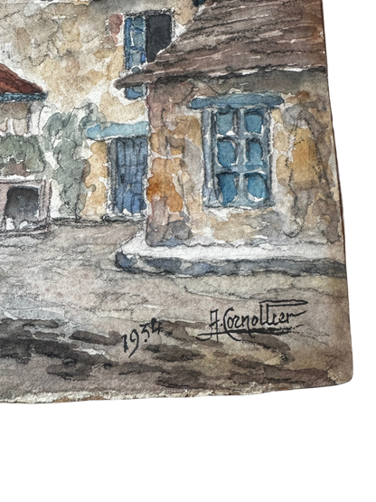 French Village Watercolor with Stone Fountain, Signed and Dated 1934