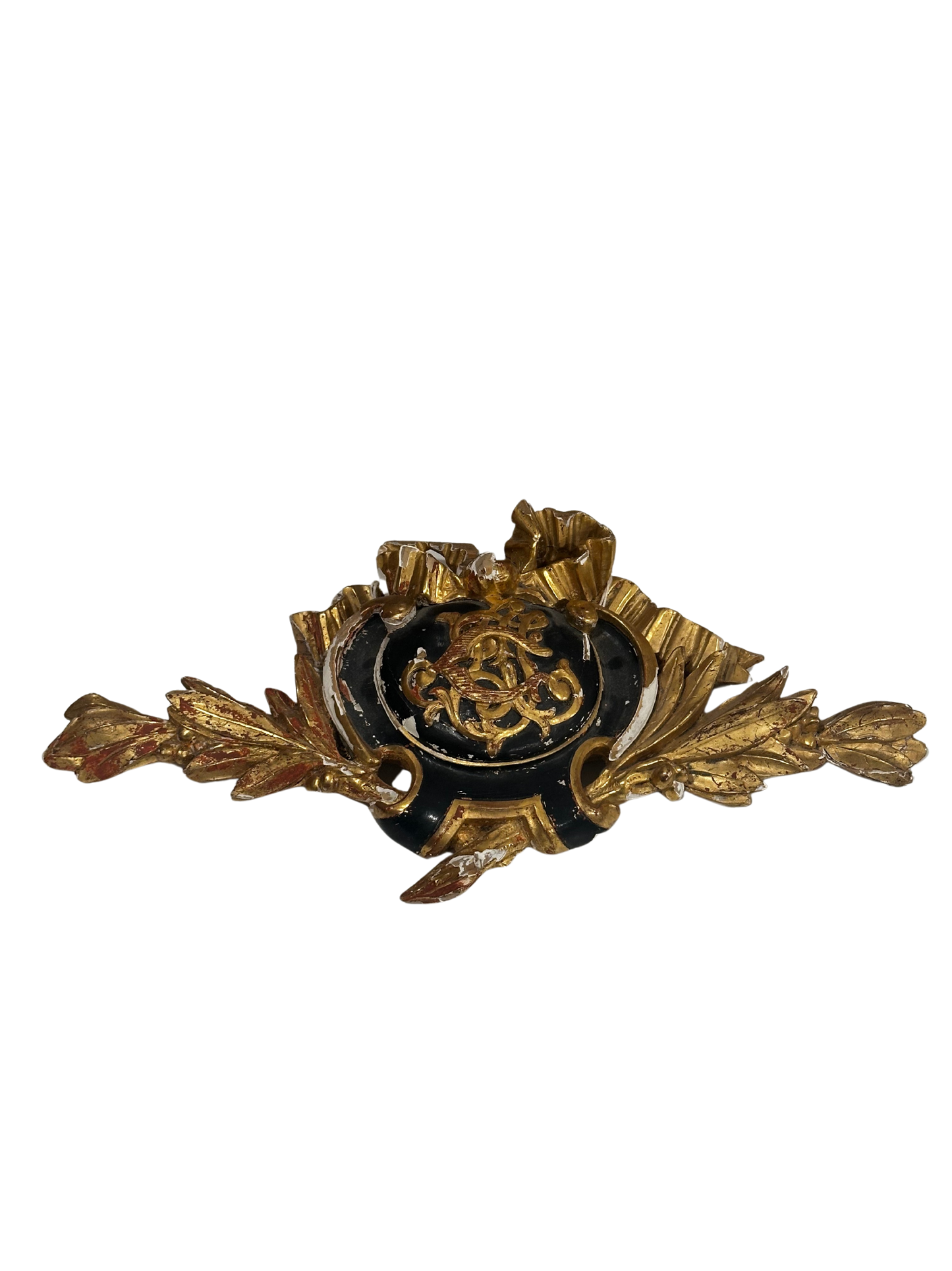 18th/19th C Black and Gold Monogram/Cartouche Carved Wood Architectural Salvage Ornament