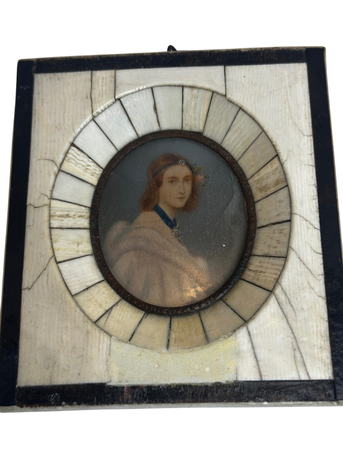 Antique Miniature Hand-Painted Woman Portrait in Bone-Inlaid Wooden Frame