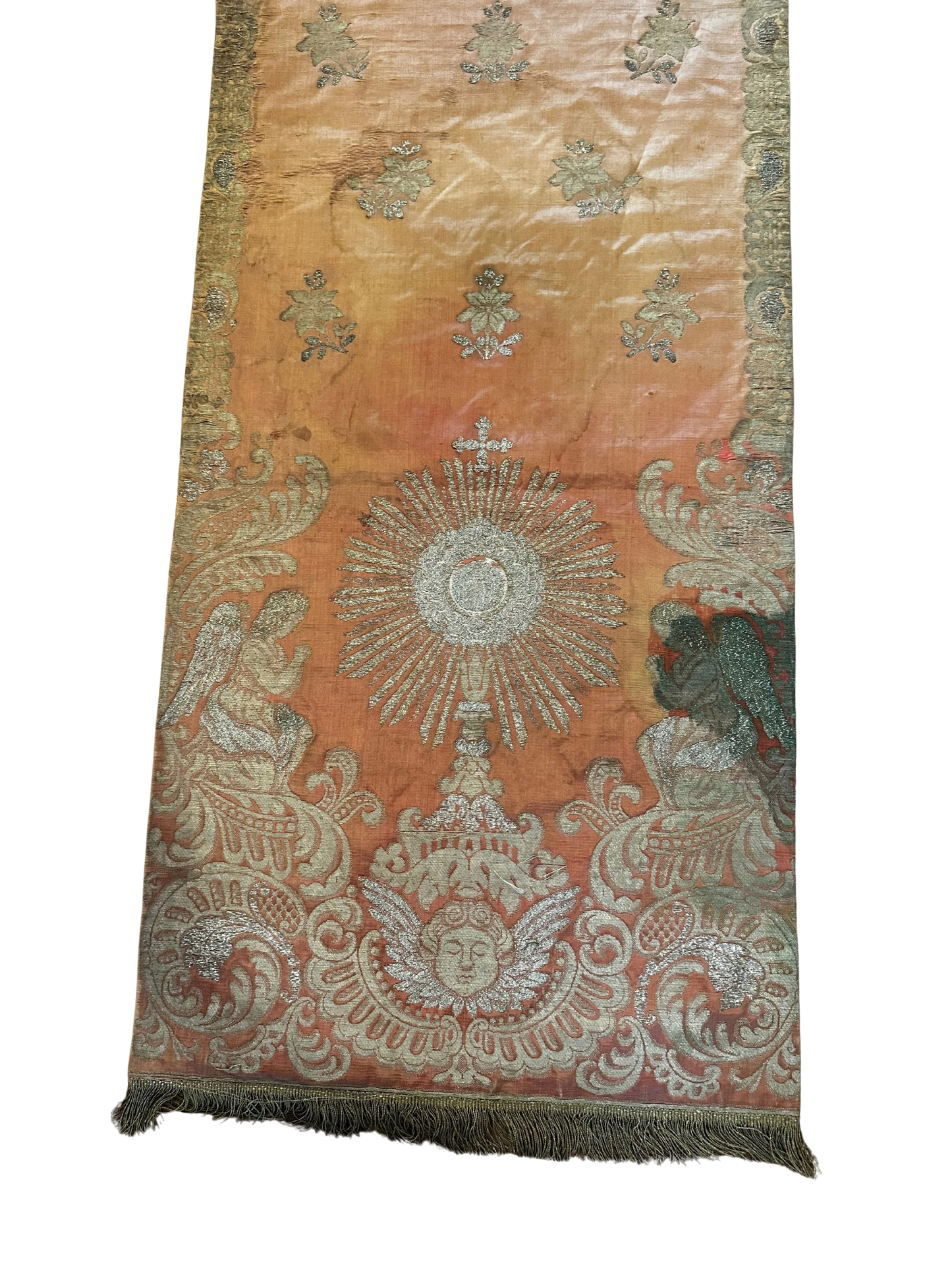 Antique Ecclesiastical Silk Brocade Altar Runner with Monstrance, Angels and IHS Christogram