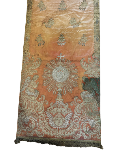 Antique Ecclesiastical Silk Brocade Altar Runner with Monstrance, Angels and IHS Christogram