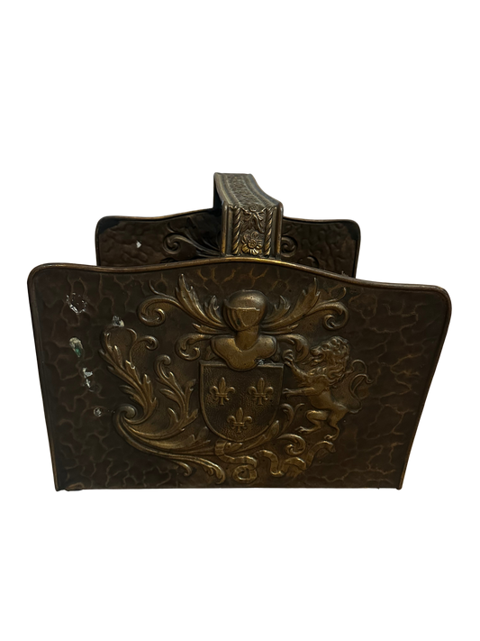 French Heraldic Repoussé Metal Log Holder with Fleur-de-Lis Crest