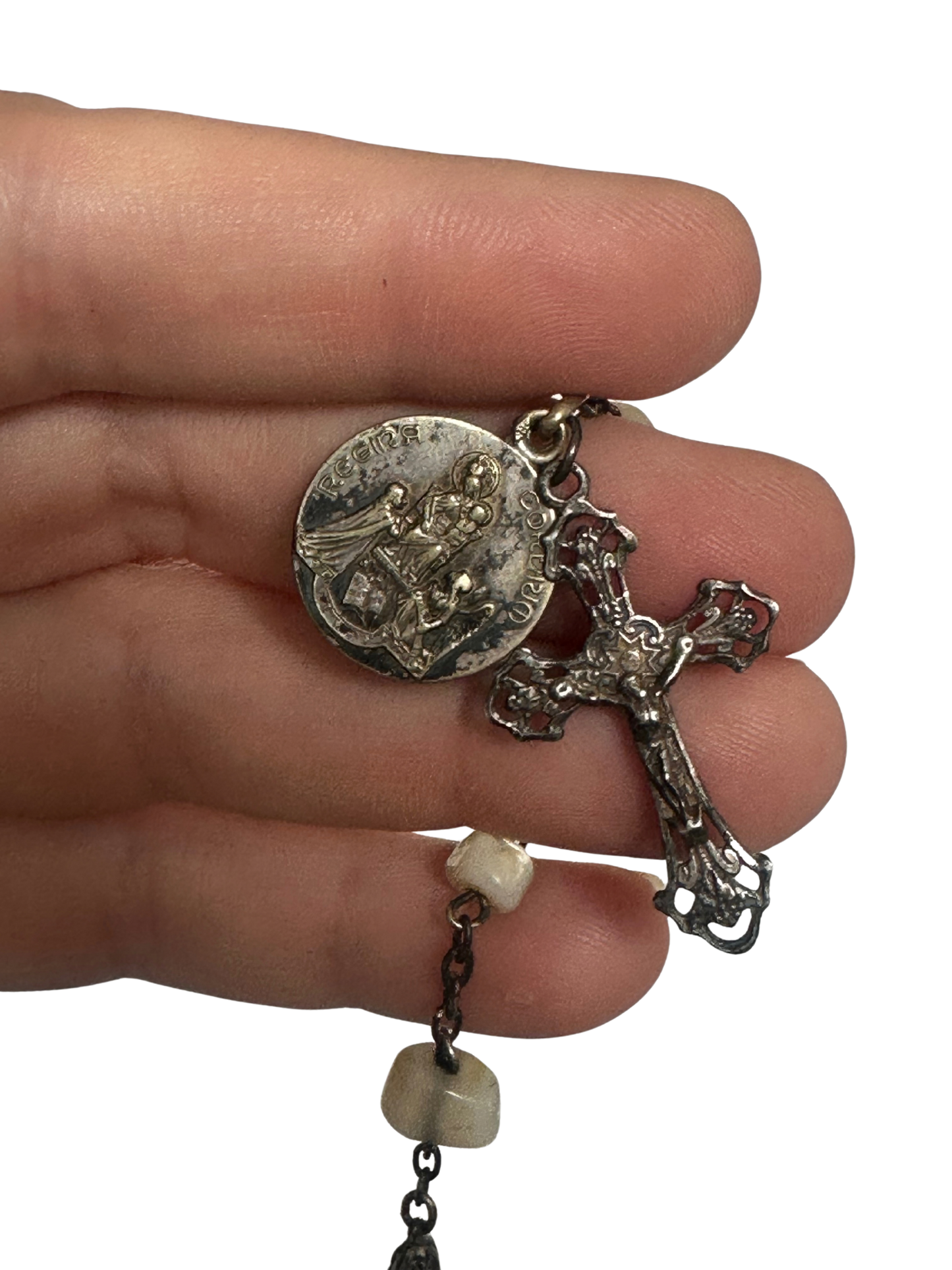 Antique Rosary with Mother-of-Pearl Beads, Silver-Tone Crucifix, and Religious Medal