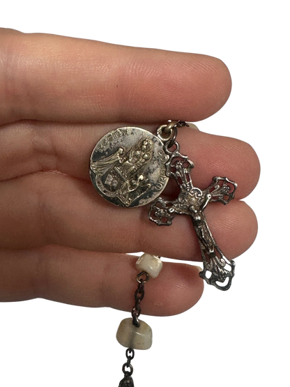Antique Rosary with Mother-of-Pearl Beads, Silver-Tone Crucifix, and Religious Medal