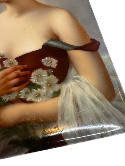 Hand-Painted KPM-Style Porcelain Portrait Plaque of a Woman with Daisies, after Jules Frederic Ballavoine