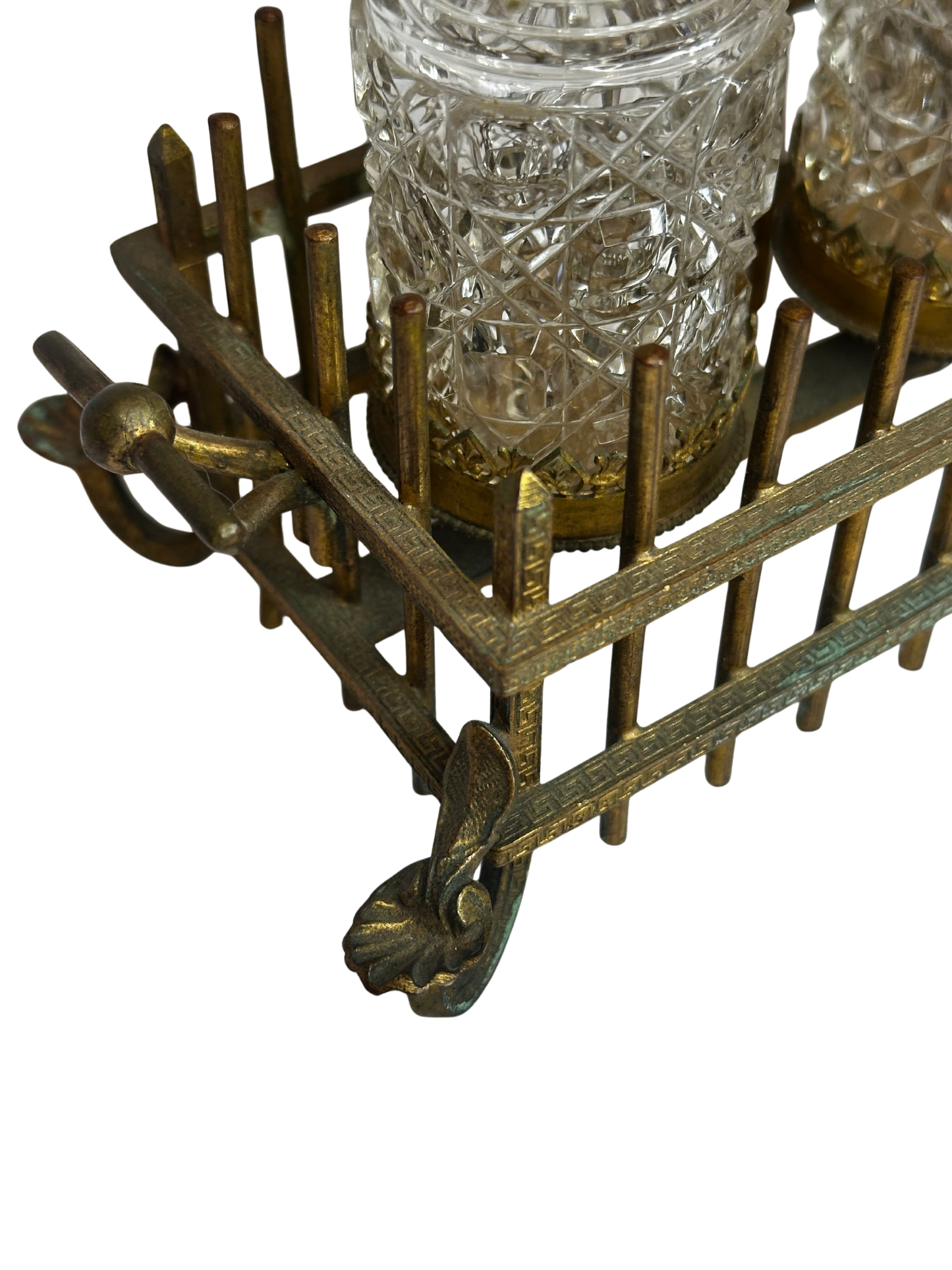 Antique Bronze Vanity Caddy with Pair of Cut-Glass Scent Bottles
