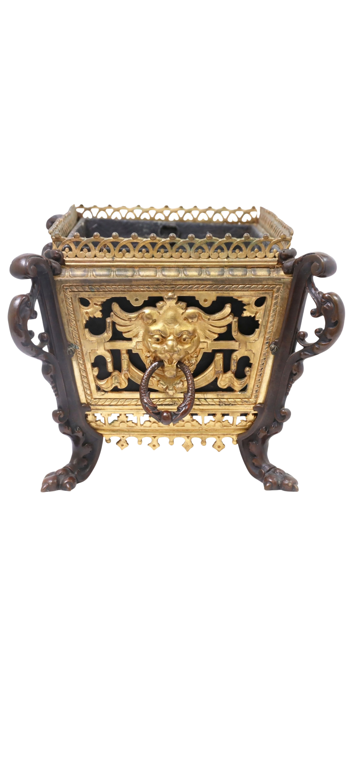 French Gilt Bronze Jardinière with Figural Masks and Scrollwork