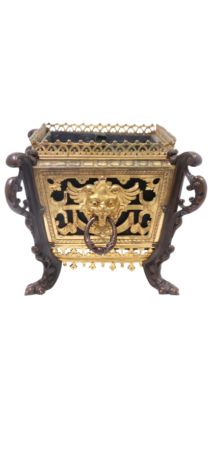 French Gilt Bronze Jardinière with Figural Masks and Scrollwork