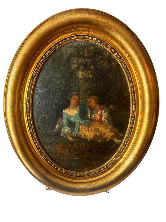 19th Century Rococo Style Romantic Couple Oil Painting in Oval Gilt Frame