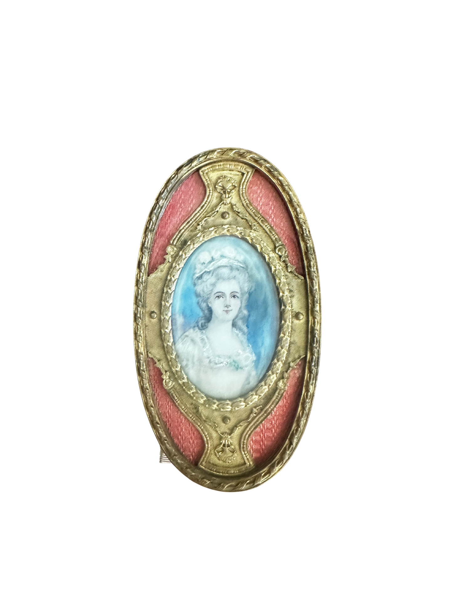 Late 19th / Early 20th C Pink Guilloche Enamel and Ormolu Oval Framed Hand Painted Portrait (Marie Antoinette Style)