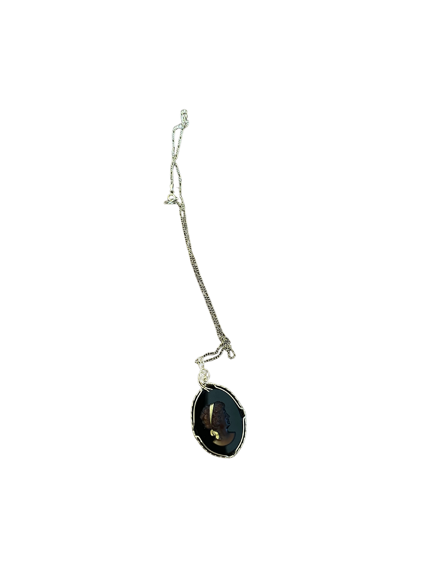 14K Plated Sterling Silver Black Onyx and Brown Sardonyx Cameo Pendant Necklace (Italian)